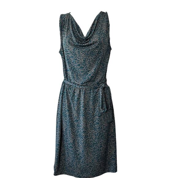 Banana Republic Green & Tan Patterned Sleeveless Cowlneck Tie Waist Dress Medium - Picture 1 of 6